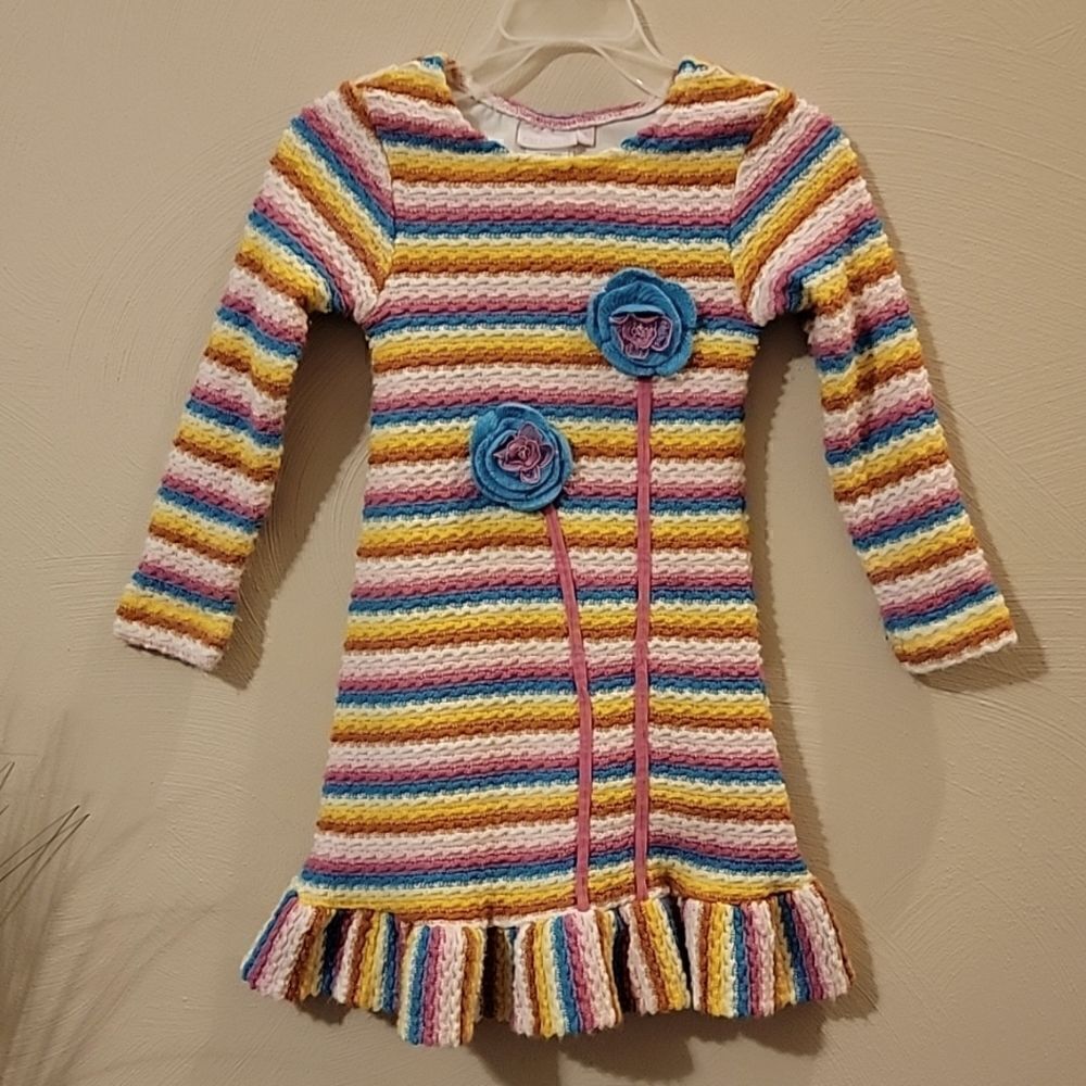 CACHCACH MULTI-COLOR STRIPED WAFFLE KNIT SWEATER DRESS WITH FLORAL APPLIQUE